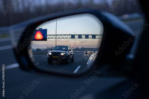 Rearview Mirror Highway Traffic at Dusk, Netherlands