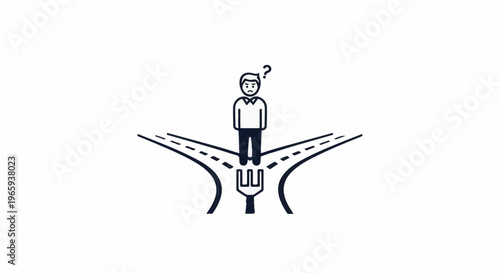 A confused person stands at a fork in the road, pondering their next move