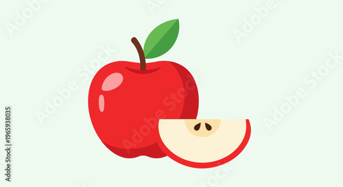 A bright red apple with a single leaf and a slice showing seeds