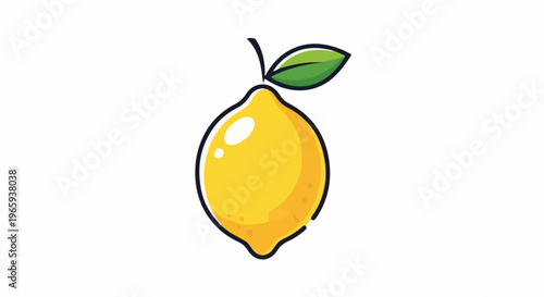 A bright yellow lemon with a green leaf and stem, isolated on white