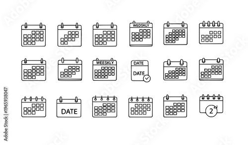 Minimal calendar icons vector set simple outline date and schedule symbols isolated on white background