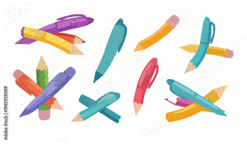 Colorful cartoon pens and pencils vector set playful stationery illustration isolated on white