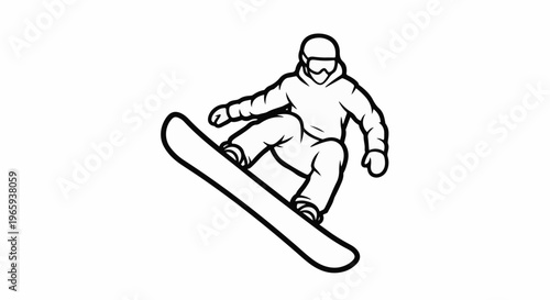 A black and white outline drawing of a person snowboarding