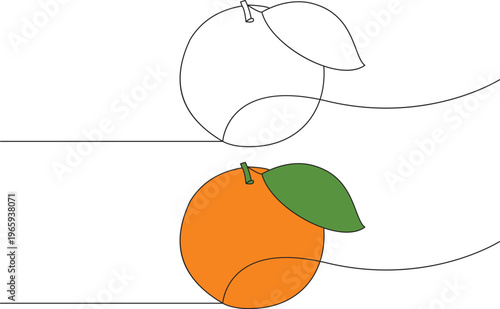 Continuous line art drawing of a vibrant orange fruit with green leaf