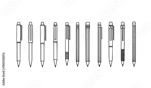Minimal pen and pencil icons vector set simple outline writing tools isolated on white background