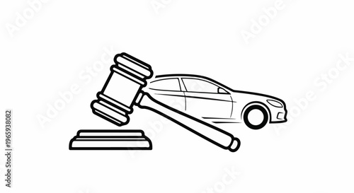A black and white line drawing depicts a gavel poised above a car silhouette