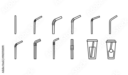Minimal straw icons vector set simple outline drinking tube symbols isolated on white background