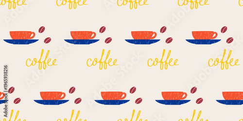 Hand Drawn Cup Seamless Pattern. Tea or Coffee Morning Drink Theme. café menu Surface Page Design. Graphic Hand Crafted Wrapping Paper Scrapbook Art Pattern. Hot Beverage Ideas. 
