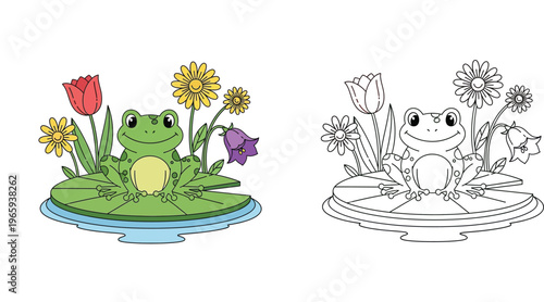 Cute cartoon frog on a lily pad with colorful flowers: colored illustration and black and white line art outline for kids' coloring book, educational activity vector graphic.