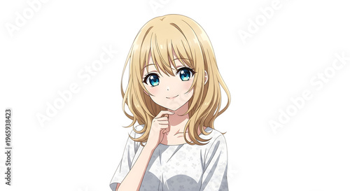Anime girl with blonde hair isolated on transparent background thinking