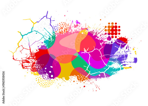 Colored paint blobs with cracks, dots and halftone. Hand drawn. Not AI, vector illustration.