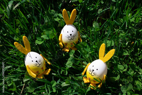 Easter eggs with ears are lying in the green spring grass