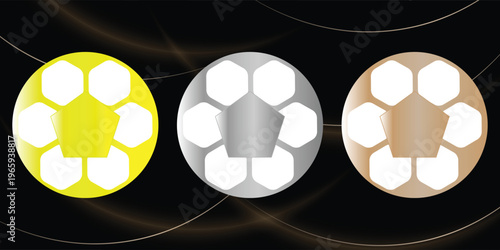 Gold, silver and bronze metal circle frames 3d vector realistic illustration. First, second and third place medals or buttons isolated on white background.