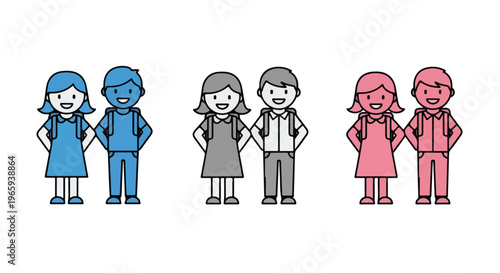 Illustration of diverse cartoon people standing in a line with colorful monotone styles on a white background.