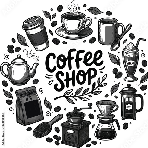 coffee shop vector illustration with coffee cups and beans flat design