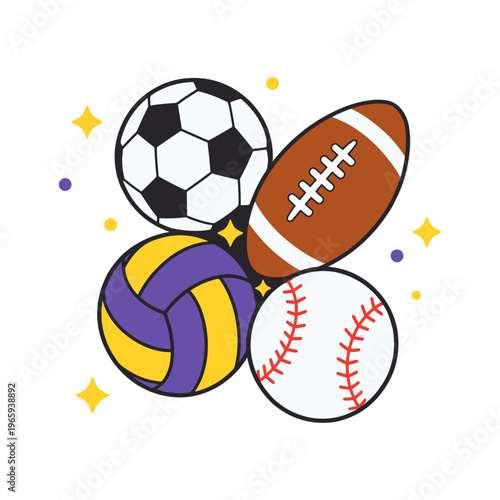 Sports equipment balls clipart SVG featuring soccer, volleyball, baseball and American football for education and game themes