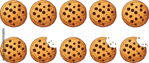Vector illustration set of delicious chocolate chip cookies, featuring whole cookies and bitten cookies with scattered crumbs, perfect for bakery and snack food designs.
