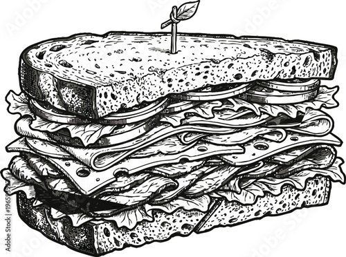 detailed sandwich vector illustration with multiple layers and toothpick flat design