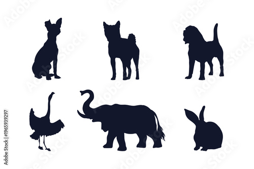 Silhouettes of various animals on white background