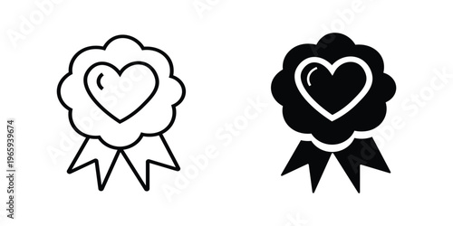 Award badge ribbon icon set with heart in outline and solid styles