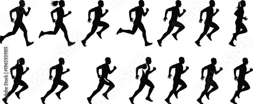 Running people silhouettes set, men and women jogging sprinting poses, fitness sport activity, marathon training, athlete movement vector illustration collection