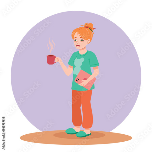Tired girl with coffee and phone, burnout and stress concept illustration 