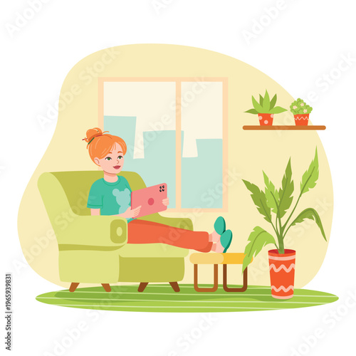 Girl working at home with tablet, remote work lifestyle illustration