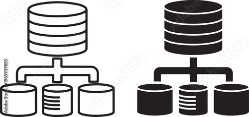 Database server with outline and solid black styles showing hierarchical storage structure with cylinders and connecting lines