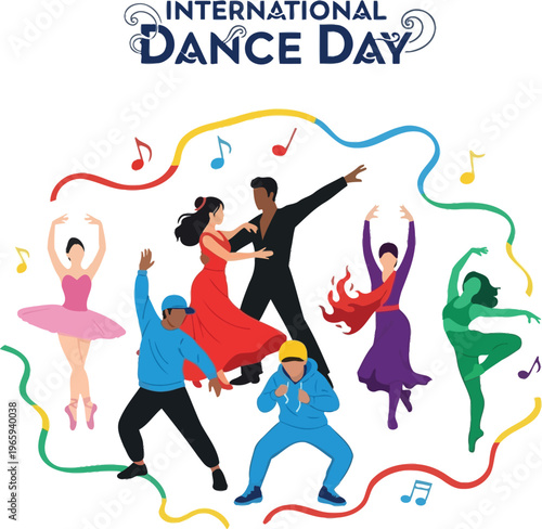 A vibrant illustration celebrating International Dance Day with diverse dancers and colorful music notes