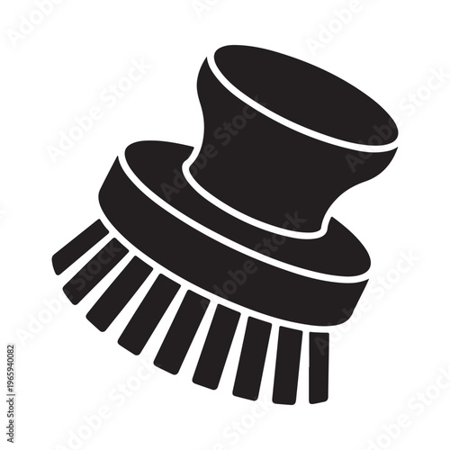 A simple black and white illustration of a round cleaning brush with bristles