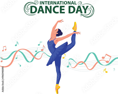 A vibrant illustration of a dancer celebrating International Dance Day with music notes and colorful ribbons