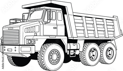 Heavy duty dump truck line art illustration, construction vehicle with large tires and tipping bed, industrial transport concept isolated on white background for engineering design projects