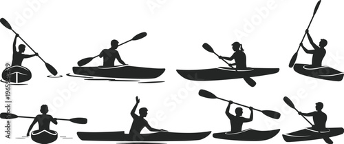 Kayaking and canoeing silhouettes set featuring paddlers in various rowing poses on water, outdoor adventure sport concept isolated on white background for design