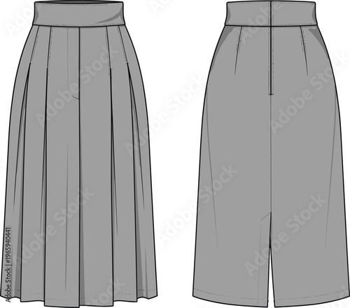 Pleated midi skirt vector illustration, front and back view, high waist design, elegant women clothing template, fashion flat sketch, modern apparel concept