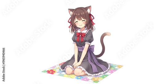 Anime cat girl sitting on colorful mat isolated on transparent background