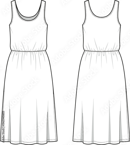 Sleeveless midi dress vector illustration, front and back view, elastic waist design, casual women clothing template, fashion flat sketch, modern apparel concept