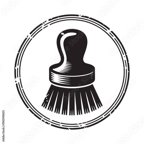 Simple black and white illustration of a shaving brush inside a circular frame