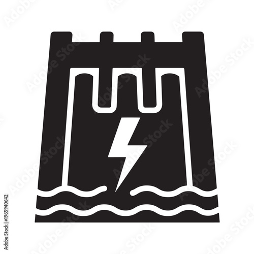 Hydroelectric dam icon showing water flow and power generation. Renewable energy infrastructure symbol for industry.