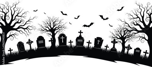 Spooky Halloween graveyard silhouette with haunted trees, flying bats, and crooked tombstones under eerie night sky, dark horror background illustration for spooky seasonal design projects