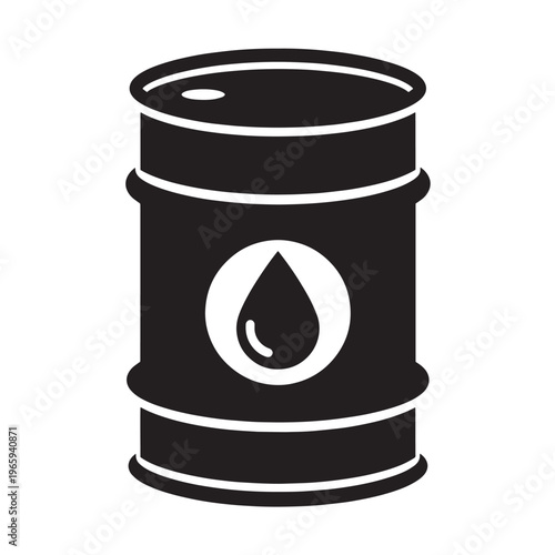 Industrial oil barrel drum icon with central fuel drop symbol. Petroleum storage and fossil fuel energy resource.