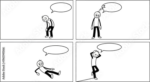 Stick Figure Man Expressing Negative Emotions and States in Four Panel Comic Strip on Isolated White Background