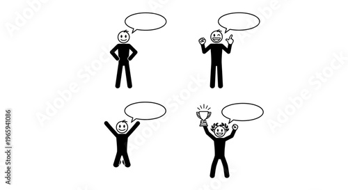 Happy Stick Figure Man Expressing Positive Emotions with Speech Bubbles on Isolated White Background