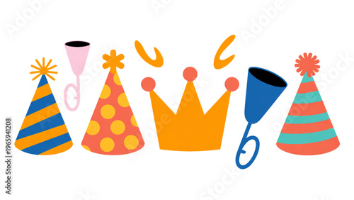 Colorful party hats and crowns with confetti and noisemaker Vector