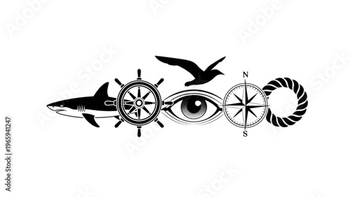 Black and white illustration of a shark with compasses and eyes Vector