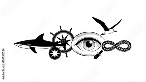 Mystical eye surrounded by a shark, clock, bird, and infinity symbol Vector