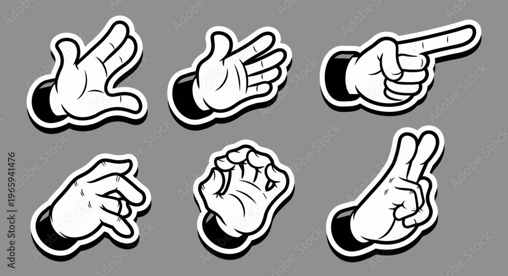 Fototapeta premium Diverse cartoon hands vector set depicting gestures such as shaka, pointing, and open palm on a grey background, conveying informal greetings and indications.