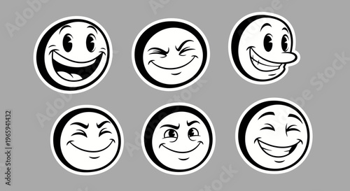 Collection of cheerful cartoon emojis in black and white, expressing various happy and winking emotions on a grey background for positive communication.
