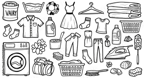 Hand-drawn doodle set of laundry and cleaning items, including washing machine, clothes, and detergents, in a black and white illustration on a grey background.