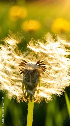 Close Up Macro Of A Dandelion Seed Head With Golden Sunlight Backlighting The Delicate White Parachutes