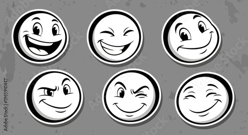 Set of cartoon emojis in black and white, showing various cheerful and playful expressions on a grey background, suitable for conveying diverse emotions.